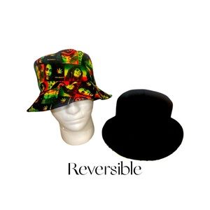Bob Marley design black bucket hat. Reversible, all black on the inside